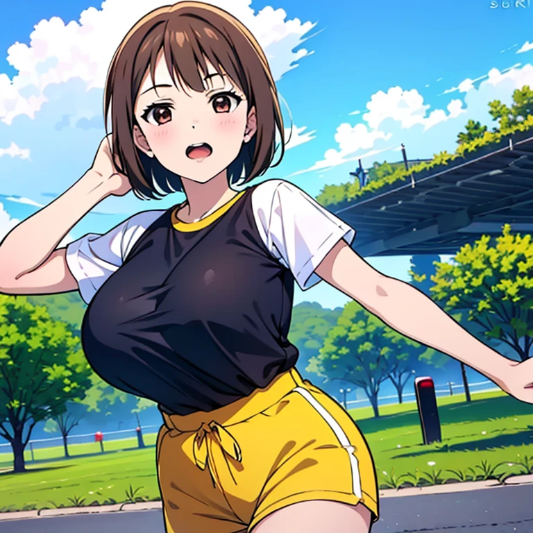 gym uniform, gigantic breasts, white shirt, wet shirt, wet, see-through shirt, no bra, wide hips, :o, running, bouncing breasts, unaligned breasts, motion lines, motion blur, sweat, heavy breathing, mature female, brown hair, hair over shoulder, braid, outdoors, park, shirt tucked in