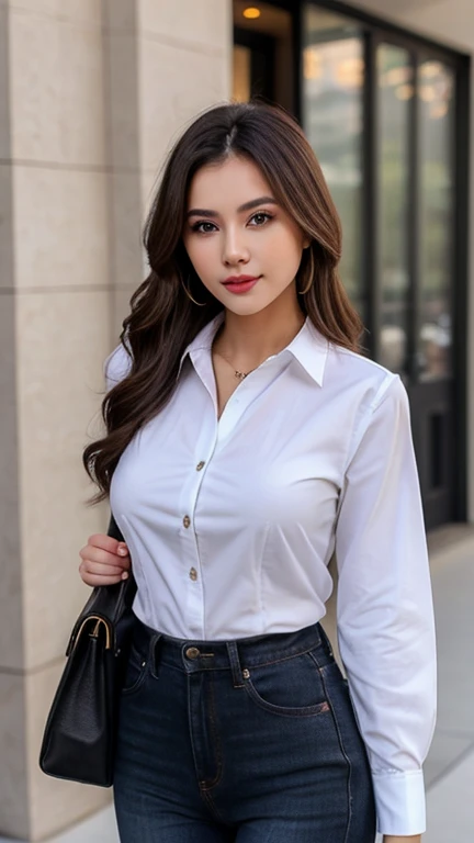 (masterpiece, highest quality, Realistic, Very detailed, In detail, High resolution, 8k wallpaper), Close up portrait of beautiful woman, Standing in the city, Earrings, necklace, Laughing happily, Light brown messy long hair, Wearing a black business suit, White collared shirt, I unbuttoned my shirt up to my chest, Sharp Focus, Large Breasts, Perfect dynamic composition, Beautiful fine details, Detailed Hair, Detailed and realistic skin texture, Fashion magazine cover, Professional photography, ,xx mix_girl