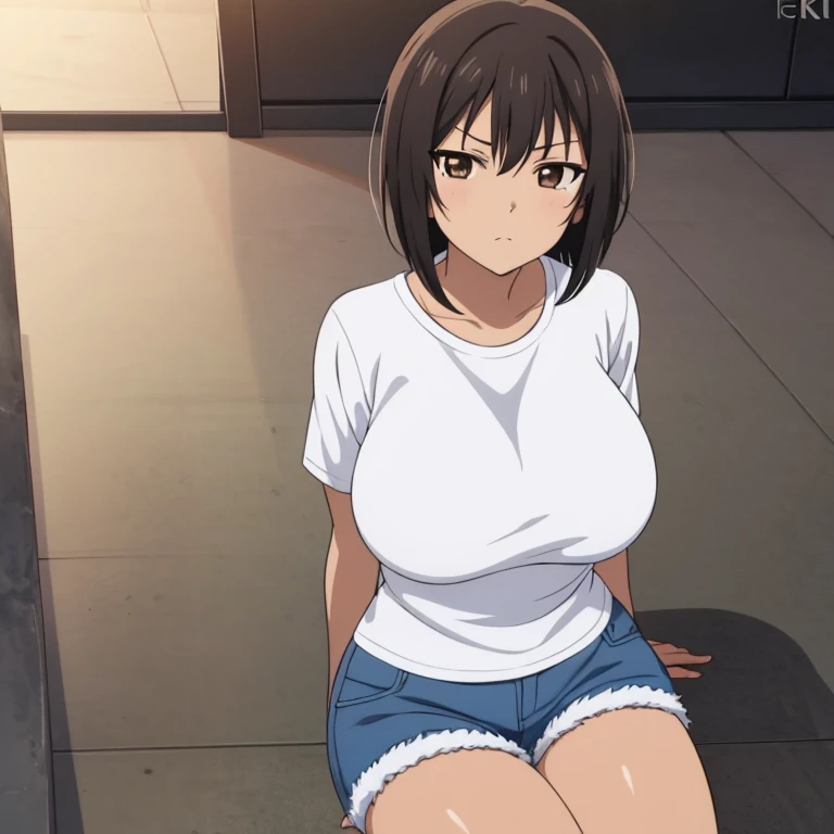 KIRUKO, 1 girl, work of art, standing alone, (best qualityer, perfect detailed, beautifully detailed face, detailedeyes), chestnut hair, Short pants, waist belt, jeans, panties at the waist, eyes browns, giorno, jeans, hinterland, camisa cropped |, ssmile, breastsout, big boobs, standing alone, sitting down, chair, blush, Domineering expression, denim Short pants, show stomach,