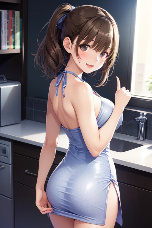 One girl, alone, , (naked:1.3), (White apron), Large Breasts, Cleavage, Thighs, Cafe Background, (Blushing:1.2), smile