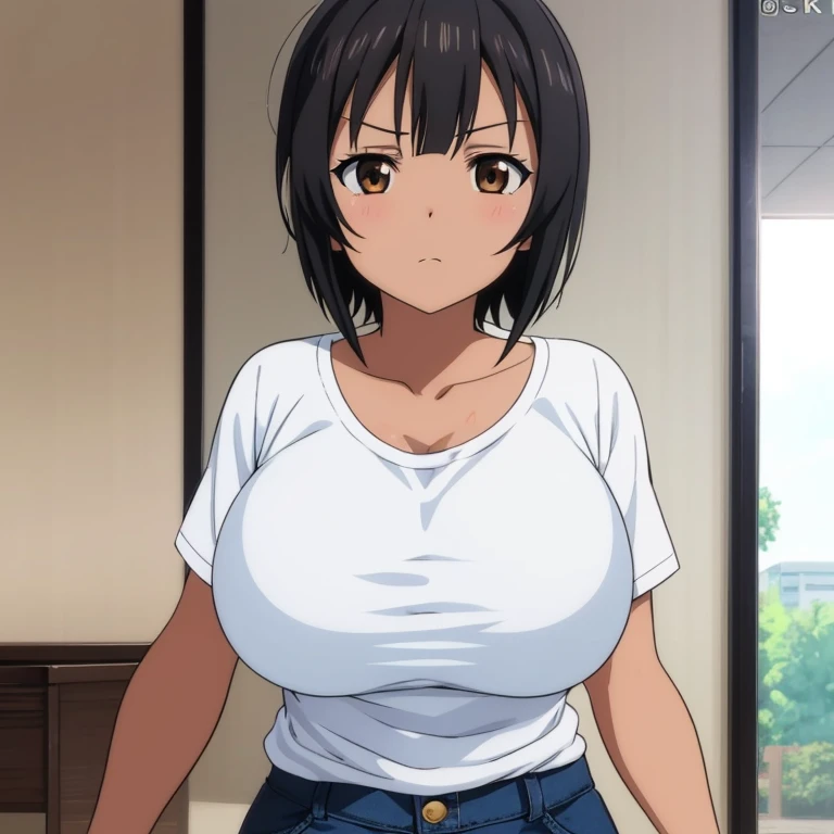 elna, anime, 1girl, solo, breasts, looking_at_viewer, smile, short_hair, open_mouth, large_breasts, shirt, black_hair, brown_eyes, white_shirt, :d, black_eyes
