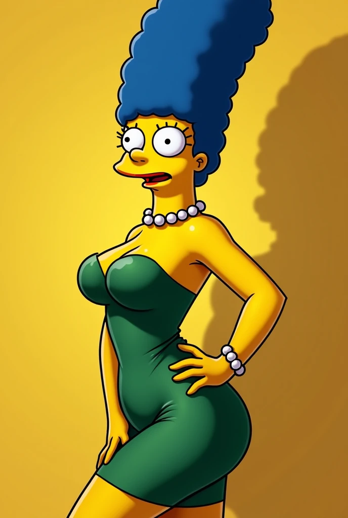 marge simpson, blue hair, red necklace, extra large breasts, cleavage, colored skin, yellow skin, green small dress, angry, open-toe platform high heels, visible feet, upskirt