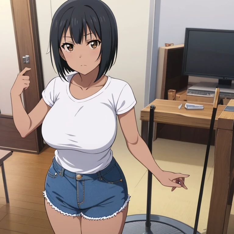 A Japanese woman with short black hair with large breasts and with a short jean shorts marking her ass with nothing on top on a black background and the slightly realistic woman --auto --s2