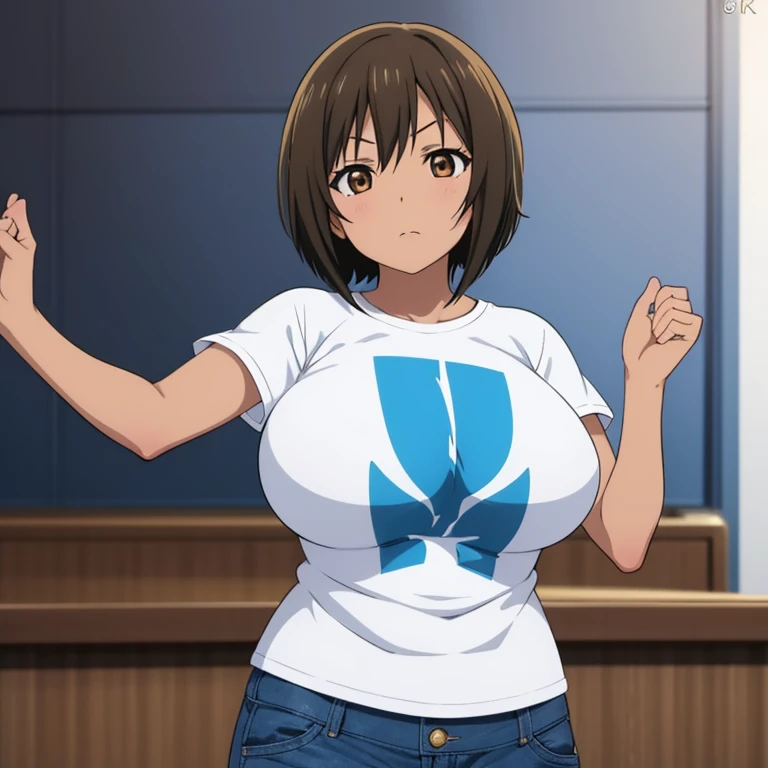 highest quality, (masterpiece:1.2),
1 girl, alone, Mouth closed, smile,
brown hair、Short Bob、hair band、The forehead is visible, (Huge breasts)
、((A grey blouse that shows off her cleavage、Shorts))
Are standing, Looking at the audience,The whole body is visible