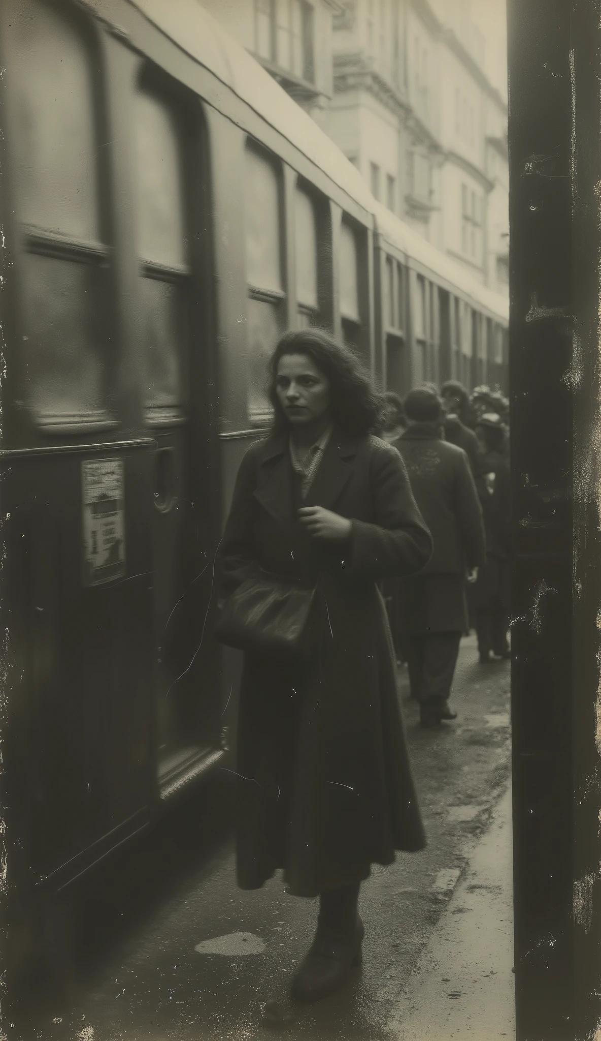 The ghostly spirit of a sinister Baga, woman not touching the ground at the train station in 1920. They have empty eyes, and their smiles are a cruel mockery of the concept of innocence. cinematographic