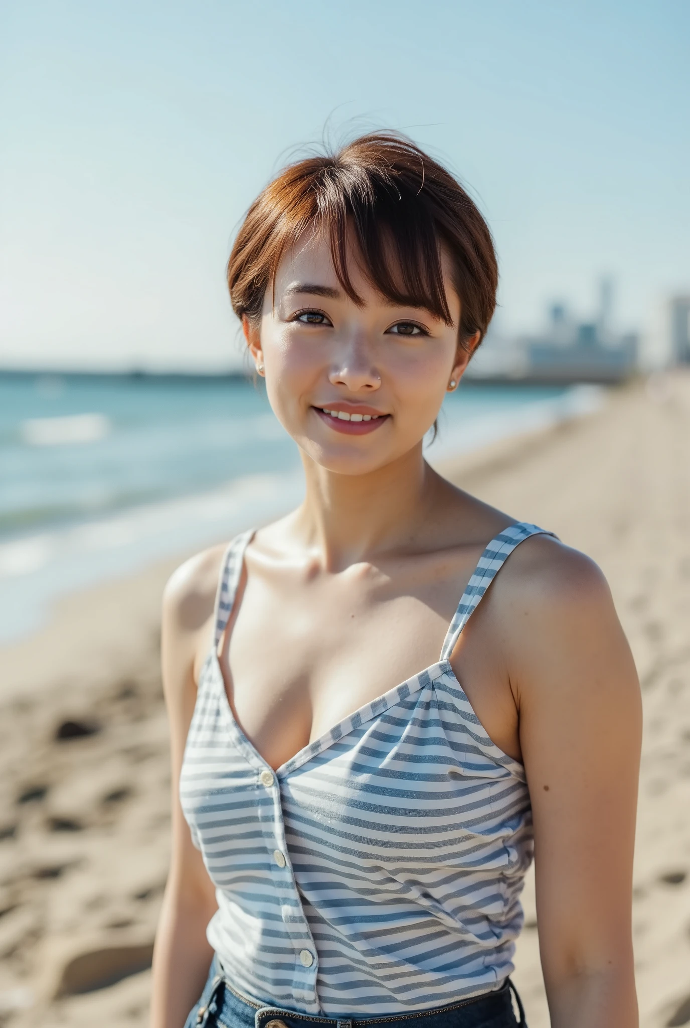 beautiful woman with short hair that is overwhelmingly beautiful、betterpose、Perfect Body、 the wind is blowing 、natural light,cleavage