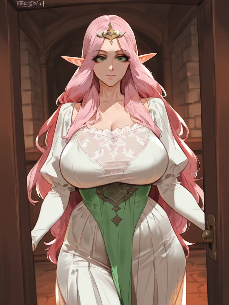 Full body image, ((Princess Zelda in maid outfit and several men around her)) within one meter, Anime style, Mortal Kombat, maximum quality, maximum resolution, maximum sharpness. She has huge breasts, red hair, light brown eyes, her outfit is a black shirt with a white shot and a white corset. They are groping her in different ways. She is happy with a beautiful smile.