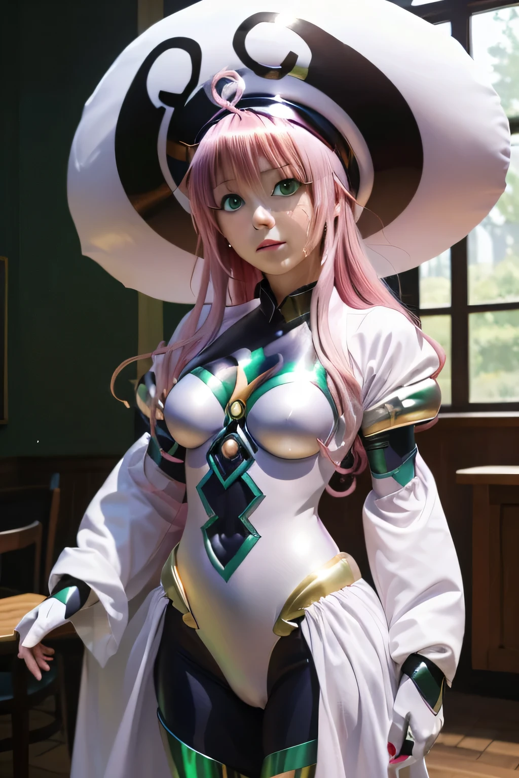 (masterpiece, best quality), 1girl, <lora:lala_satalin_deviluke_v1:1> aalala, long hair, hat, white headwear, head wings, green eyes, breasts, red necktie, white bodysuit, white leotard, puffy sleeves, white gloves, showgirl skirt, blue pantyhose