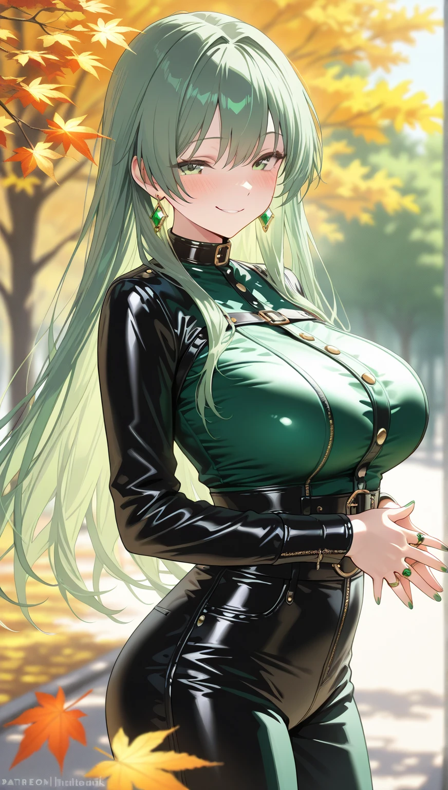 Fishnet Stockings, High quality, a high resolution, high quality face, ultra-detailed, Gorgeous girl, big ass, big breasts, Beautiful breasts, flowing mini skirt, translucent top, ((green long hair)), front view, Emphasis on the chest, close-up breasts, walks down the street, A busy street, my people,