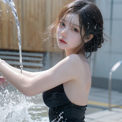 RAW photo of a girl, (masutepiece:1.1), Best Quality, 超A high resolution, detaileds, (Photorealistic:1.4), Face Detail, Detailed eyes, Detailed face, 1girl in, ((Body Portrait)), Underwater interior, White Dress, Wet, Brown hair, Pink lips, Black Choker, (medium breasts:1.1), detailed water, Detailed underwater, Social realism, Image Fill, retinas, canon, 135 mm, awardwinning, in 8K、​masterpiece, top-quality, hightquality, hight resolution、Full body
