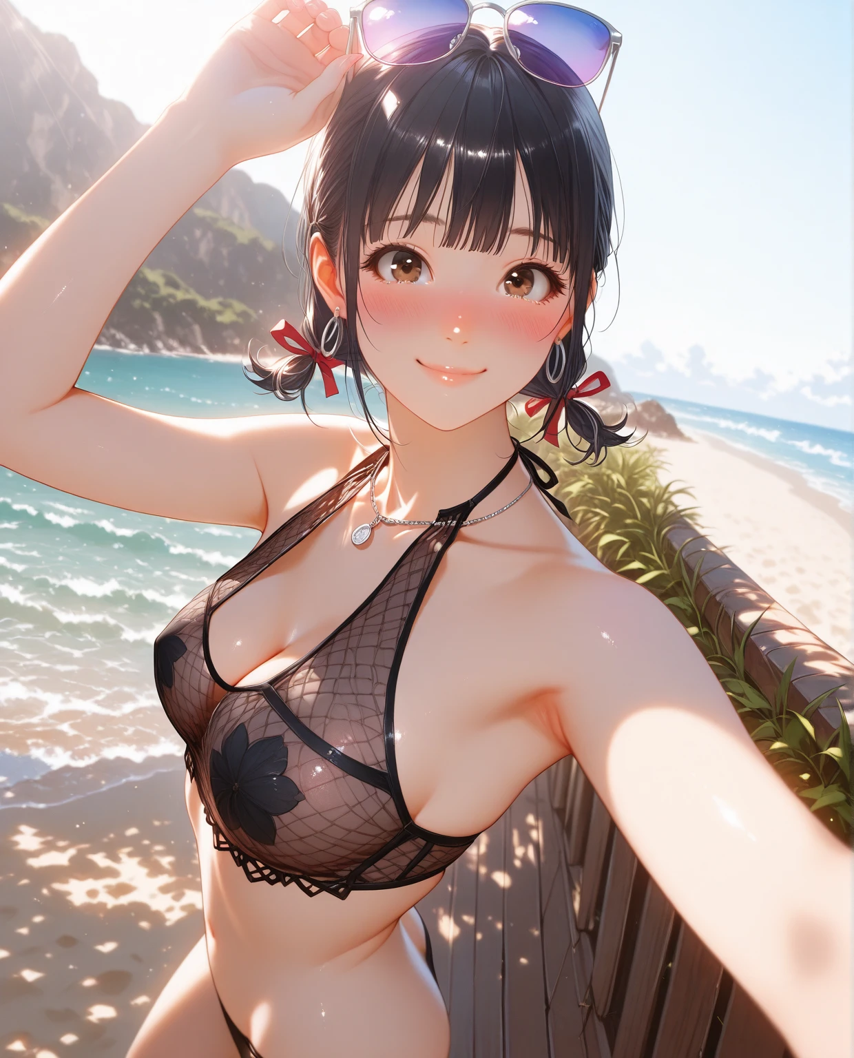 White off-the-shoulder bikini on the beach in Palau（Bikini without shoulder straps、No shoulder straps、Shoulder out）Surreal portrait of a schoolgirl in Japan, Inspired by the technique of Antonio López, Chuck Close, Ron Mueck, Richard Estes, and Marilyn Minter.