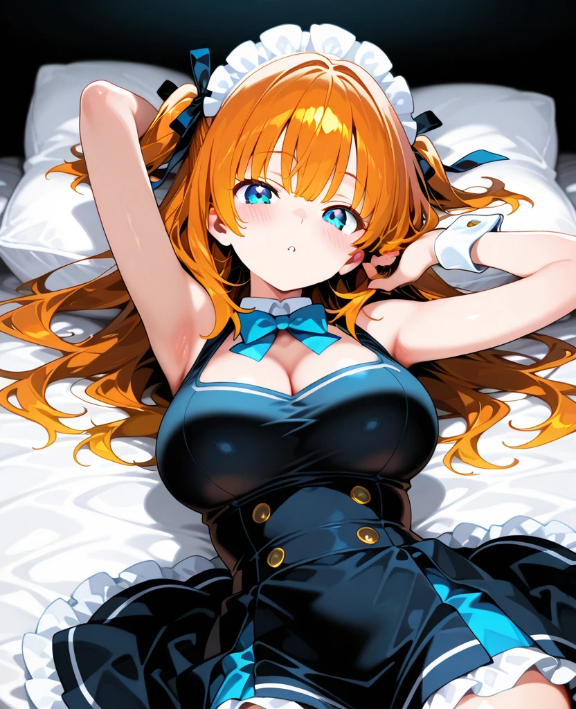(masterpiece、top-quality、top-quality、Beautifully Aesthetic:1.2)、ighly detailed、highestdetailed、grey eyes、orange color hair|Semi-long blonde hair、((bunnygirl))、(pantyhose)、Matsumoto Rangiku、graffiti art、Look at the viewer、A smile、Bedroom、on the beds、(Bunny girl ears)、((Leotard))、(Ribbon around the neck)、(Wrist cuffs)、(Shoulder out)