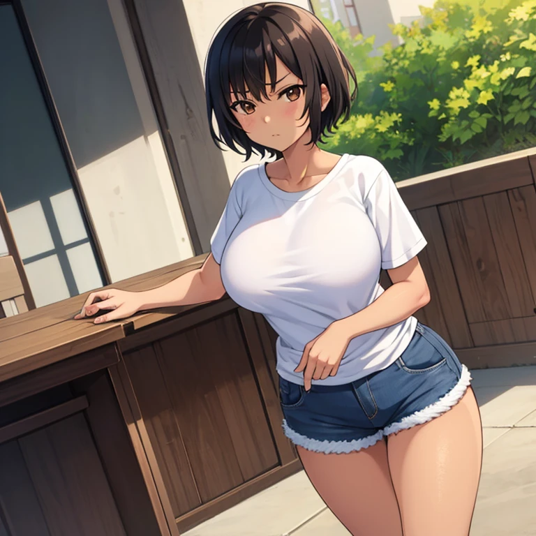 1girl, spiked hair, very short hair, yellow eyes, tan, tan skin, tan-skinned female, black hair, tomboy, pixie cut, large breasts, hourglass figure, thick thighs, smile, smirk, smug, toned, white shirt, jacket, sneakers, black jacket, shirt, short pants, shorts, standing, full body