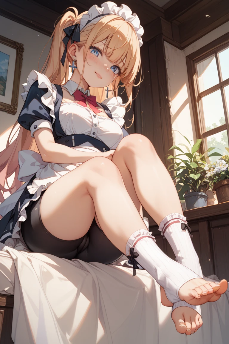 A beautiful schoolgirl, 17 years younger, In one room, in the sunset, Sateen, 校服, Fully unbuttoned white translucent shirt, Pink pleated skirt,  Red-faced, Large breasts, shapely legs, blond hair blue eyes, （（（legs are open））），（（（White sheer panties））），（Fully transparent panties），Urine outflow，（（Girl scratching her chest））