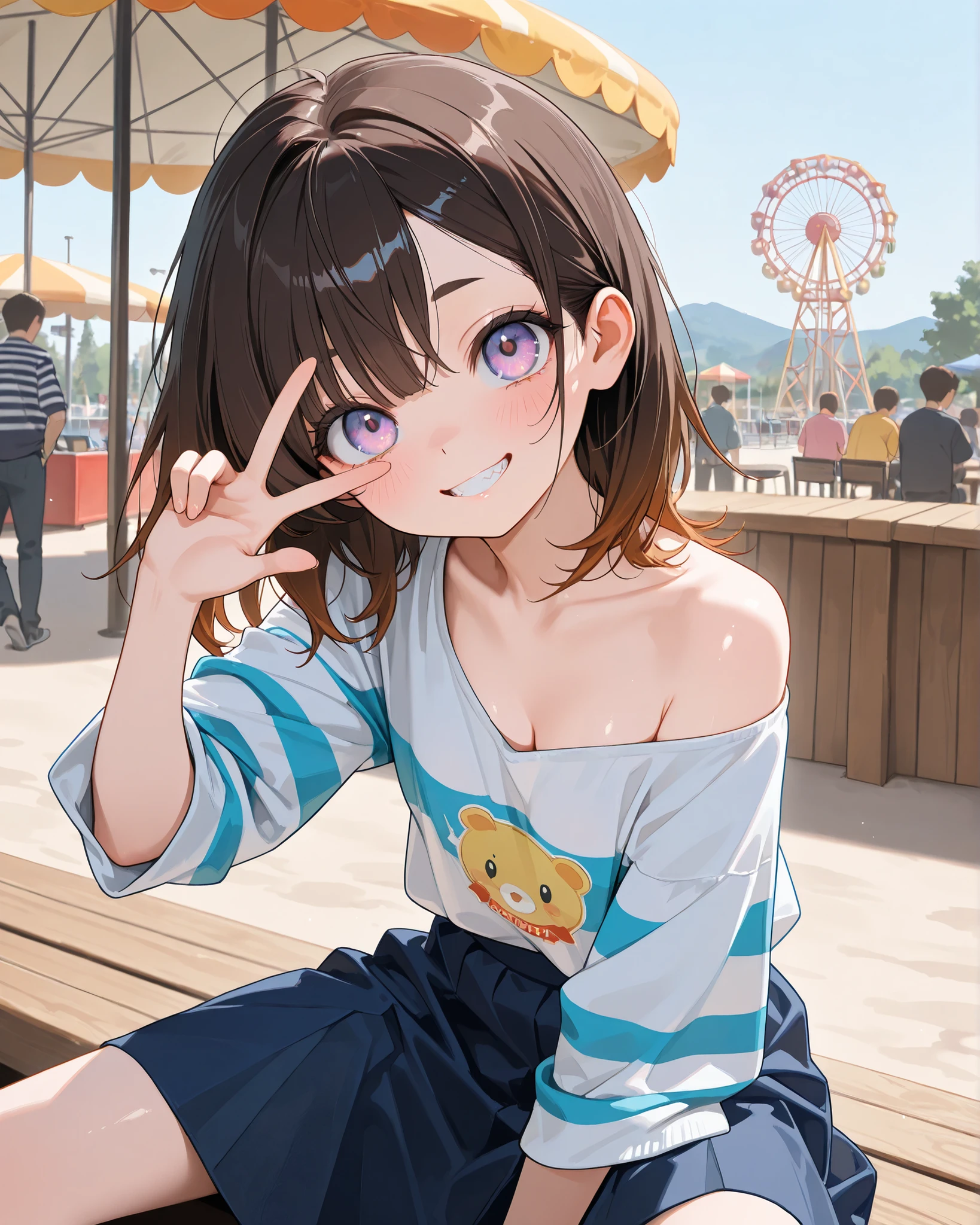 ((Masterpiece)), ((best quality, very aesthetic, absurdres, newest)), (8K), (cinematic lighting), ((1girl)), (cute young girl), (Healthy body, Textured skin, small breast, cleavage, tilt head), Glossy hair, (Asymmetrical bangs, long side bangs), (medium hair, dark brown hair, unruly hair, gradient hair), (((very grin, Jagged teeth, blush)), (pale purple eyes, glitter eyes, gradient eyes, looking up), big eyes, (short eyebrows), glossy lips, pouty lips, (lower eyelashes), BREAK, ((oversized sweatshirts, bare left shoulder, striped sweatshirts, red and brack stripe), Navy blue skirt, medium skirt, Beautiful collarbones, ((V over eye)), (Relax and sitting on the Cartoon-style amusement park, outstretched legs, Lively place, Fancy balloons), outdoor, flagstaff, Beautiful landscape, wind blow, 