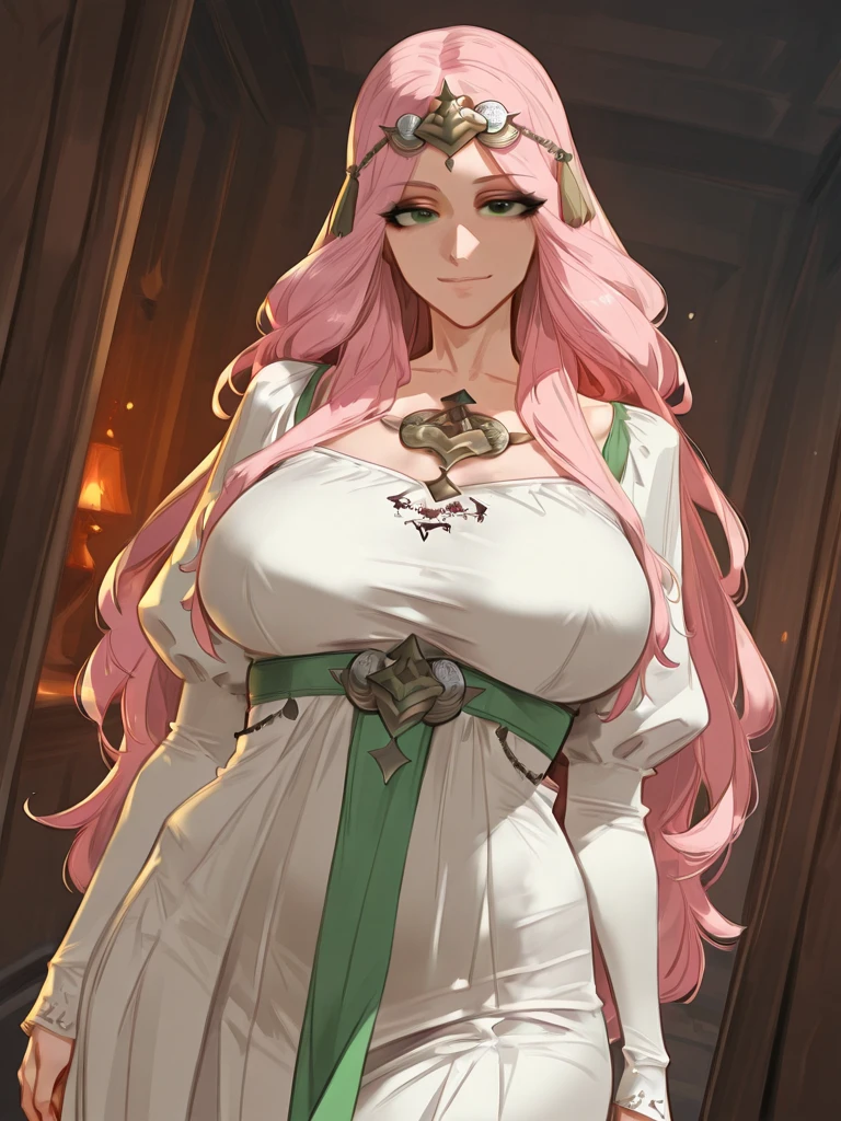 An anime-style artwork depicting rhea from the game Fire Emblem: Three Houses.
Tags: rhea, anime, detailed eyes, detailed lips, green hair, white dress, smiling expression, intense gaze, glowing emblem on hand, dynamic pose, mystical background, vibrant colors, digital art, high-resolution, professional quality, massive breasts, cleavage, fur coat, gloves