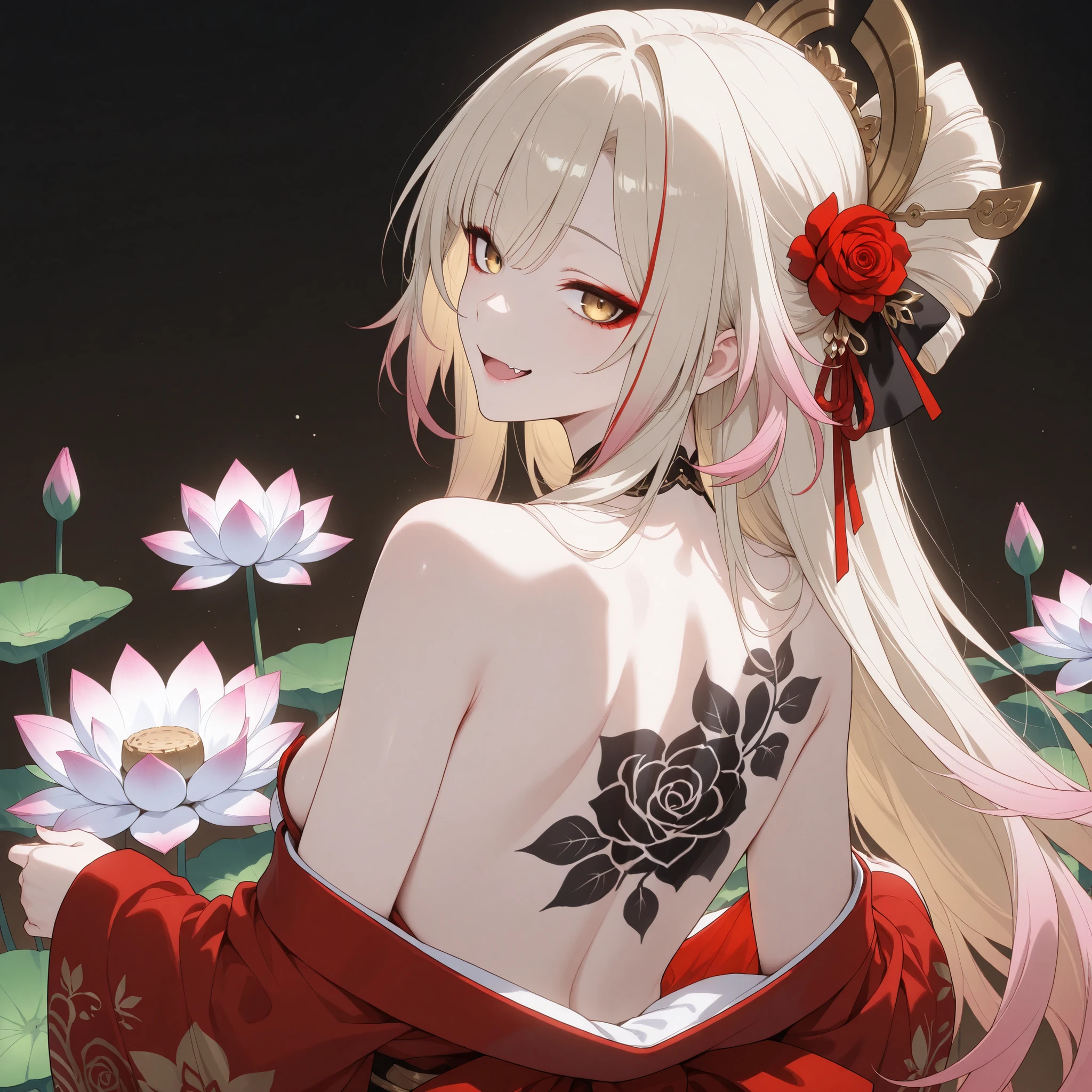pale-blonde hair, Beautiful, Long Hair, (Rose gradient on hair), Golden Eyes with purple shade, red kimono, cheeky, hair ribbon, alluring, fang, cunning, sly , sexy expression, Kitsune make-up, mature, eyeliner, pale hair, looking back, exposed back kimono, bare back kimono, (lotus flower tattoo on back), flowy hair, standing, pale skin, lotus flower, yokai
