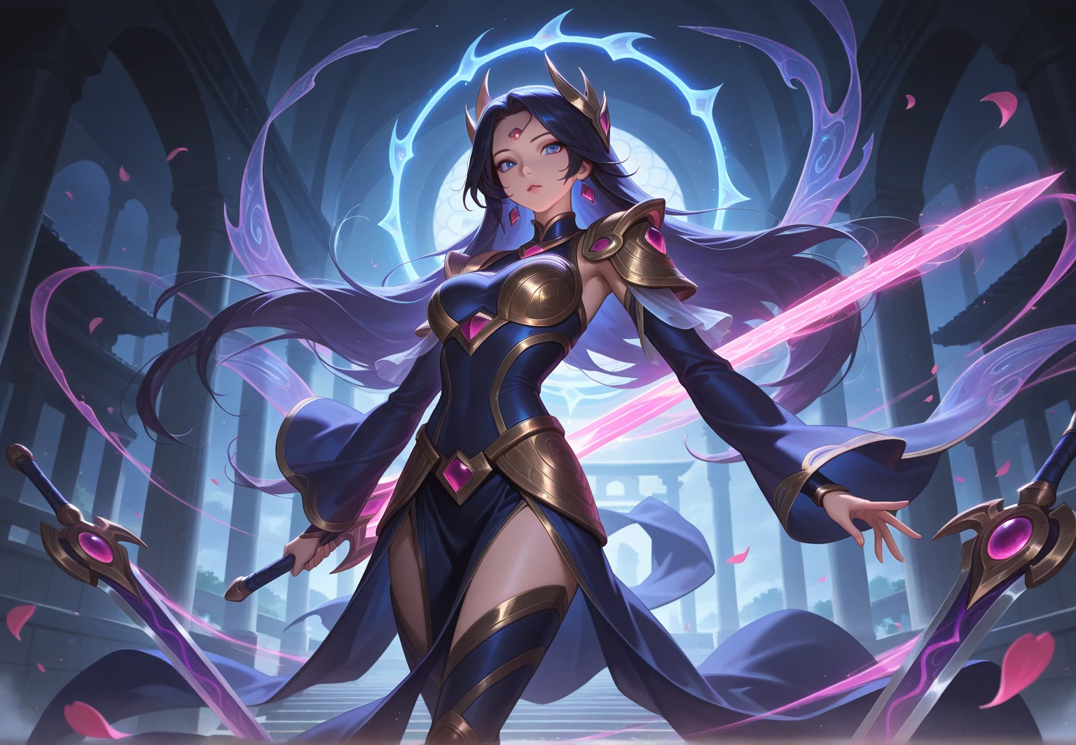 (1girl, blue hair absurdly long hair split ponytail, sparkle eyes, angry, clenched teeth) (digital) (Looking at viewer) (standing), (Dark Purple Forest background), (Skirt)) , best quality, pointy ears, colored skin, blue skin, glowing, armor, navel, voidelf, 