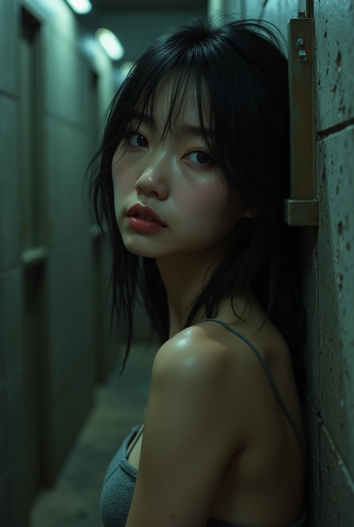 photograph、prisonの番号が書かれたセーラー服を着た美しい高校生の少女が登場するシーン，彼女は金属格子で囲まれた薄暗いSolitary confinementの中にいる， The girl has a sad look,設定は小さなベッドのある典型的なprisonのSolitary confinementです, Iron-barred windows, Worn floor. The overall atmosphere is heavy、Thoughtful, The soft lighting accentuates her emotions.，photograph，prison，Japanese high school girl as a female prisoner， Round sexy ass，Big natural wet breasts, prisonの設定, Solitary confinement,両手にhandcuffs，Restrained by chains，Jail，両手のhandcuffsを鎖でつなぐ，Chain on the waist，Crotch rope，Take off your bra，Expose the chest，Go shirtless，prisonの身体検査，日本のprison，Japan prisoner uniform，handcuffs，handcuff，prison，arrest，
}