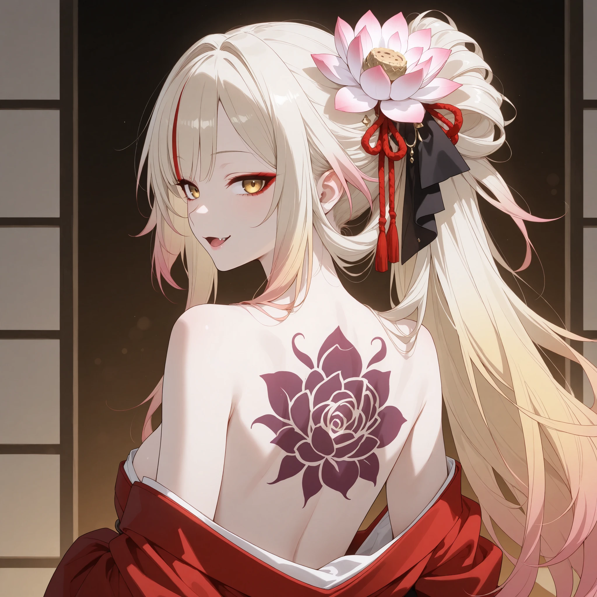 pale-blonde hair, Beautiful, Long Hair, (Rose gradient on hair), Golden Eyes with purple shade, red kimono, cheeky, hair ribbon, alluring, fang, cunning, sly , sexy expression, Kitsune make-up, mature, eyeliner, pale hair, looking back, exposed back kimono, bare back kimono, (lotus flower tattoo on back), flowy hair, standing, pale skin, lotus flower, yokai
