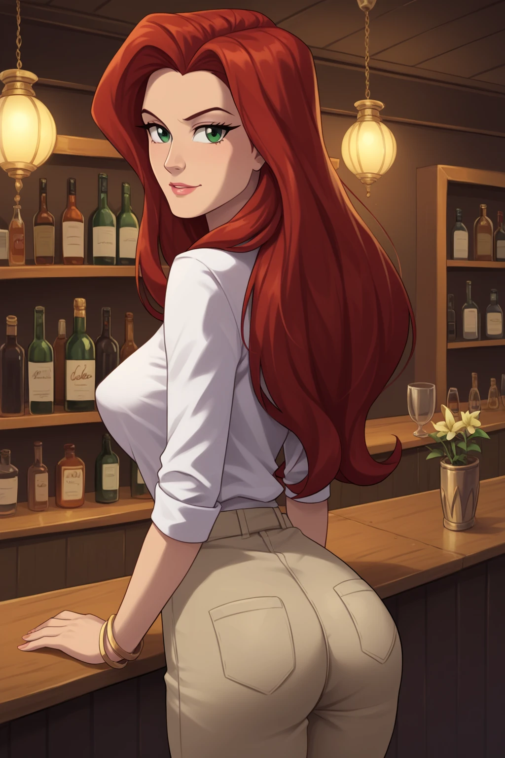 ((High Quality Image 10k)) (( perfect autonomy 10k)) Masterpiece, Charlie Emily, solo girl, white girl, cute face, happy, lovesick, brown long length hair, brown eyes, naked, medium sized breasts,skinny body, pubic hair, barefoot, big Feet, Charlie Emily Equestria girls, Full body, Standing, in a restaurant, Charlie Emily, cuerpo completo, high resolusion