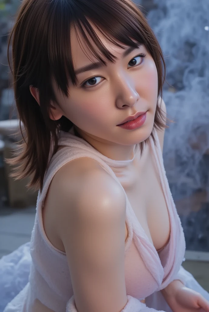 (((((((All Nude)))))))((Reality)), s lips, Detailed background, 1girl in, Squatting in a dark alley、A strong red light shines on my face、-yeld slJapanese gravure idol、Natural Breast,, (plaid skirts), small 、Slimed、A slender、Long straight light brown hair, (soft smiling), Look at viewers,