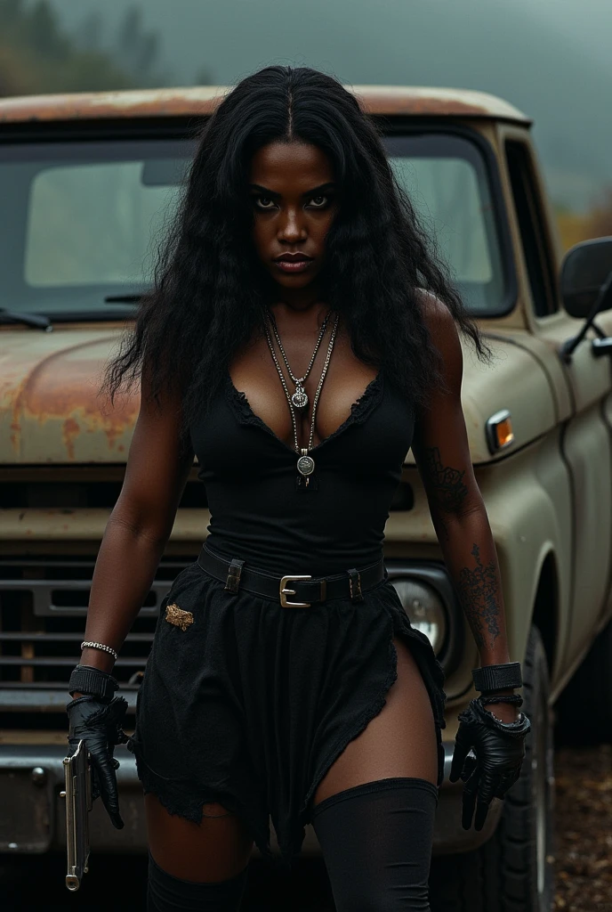 ((21-year-old))), black girl, (((light skin))), (((full body pose))), (((long curly black hair))), (((no bra, large , wrapped in chains, boots, guns))), (((black fishnet bodysuit))), (((submissive))), (((metal choker))), (((post apocalyptic scene, old cars, fire, death))), dark fantasy, (((thigh gap with cameltoe))), Rich, Deep Colours, (intricate details:0.9), (HDR, hyper-detailing:1.2), (natural skin textures, hyper realisitc, glistening skin, soft light, Sharp),