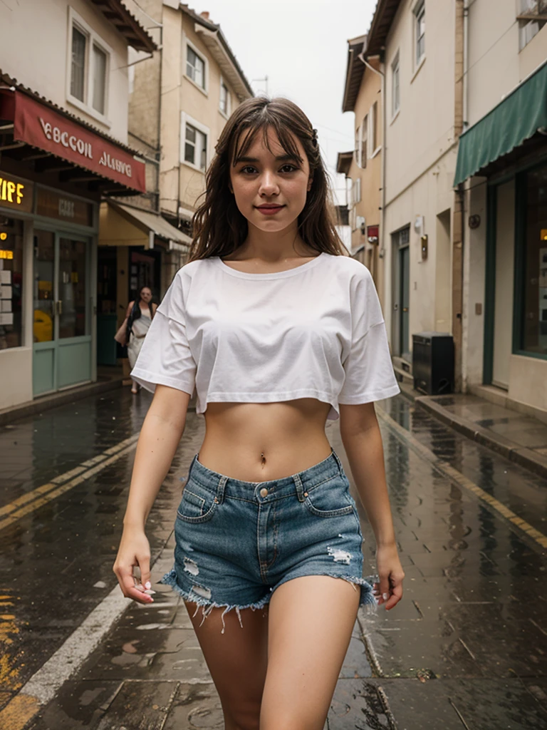 (((smile)))、(Open Stance)、 ((A tight-fitting white lace T-shirt)), ((Staring at the audience))、((White shorts))、(Standing with legs open to the sides)、((Sexy young woman's body:1.4)),