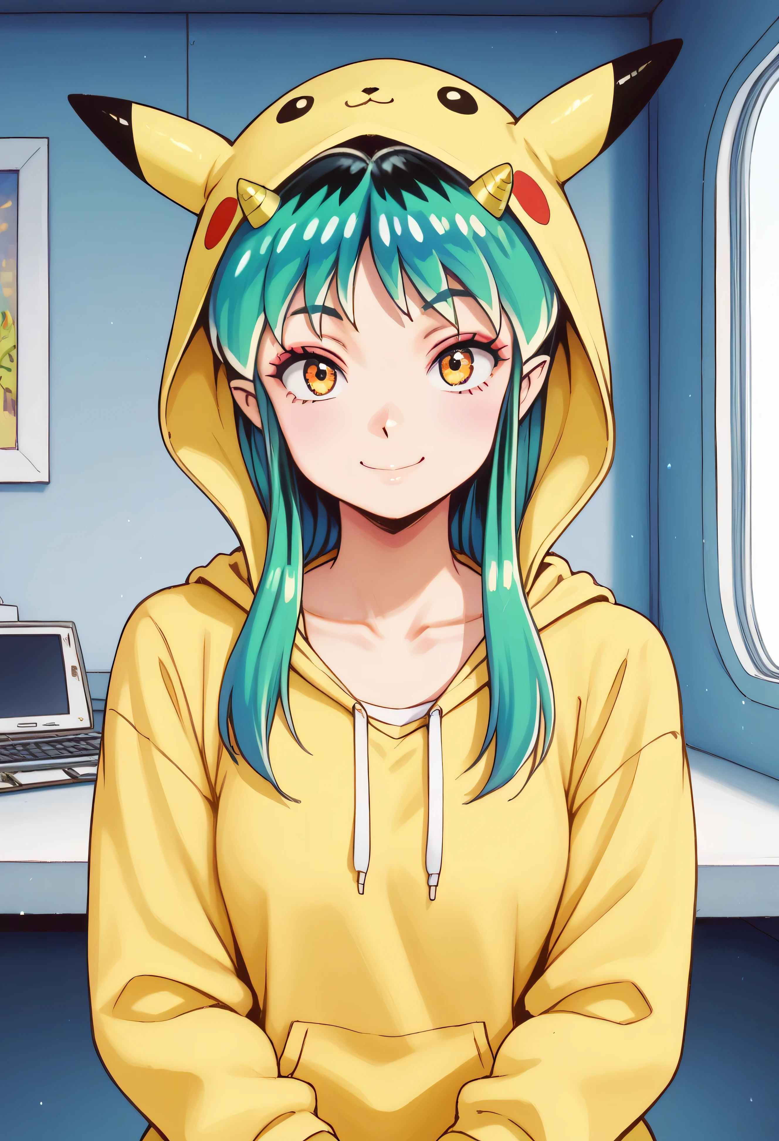 masterpiece, best quality, ultra detailed, hdr, 1girl, Lum, green hair, yellow eyes, oni horns, yellow horns, pikachucosplay, pikachu \(pikachu\), character print, hood, hoodie, yellow hoodie, looking at viewer, smiling, showing both hands, electric sparks all around, inside a futuristic spaceship