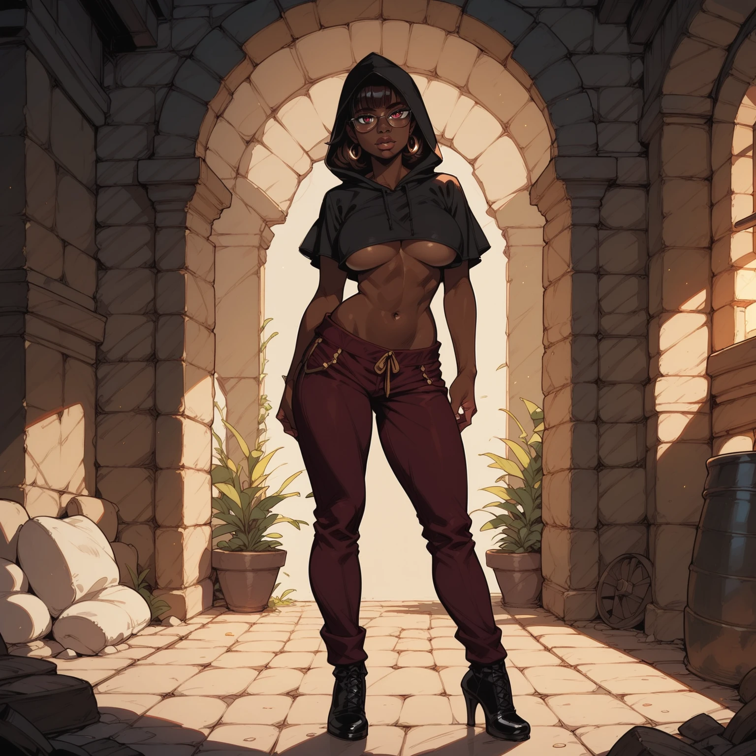 Solo, female, brown wizard robes, hood, glasses, dark skin, red eyes, deadpan expression, (((thick lips, big lips))), lookimg at viewer, standing, dramatic lighting, dungeon, (((fringe, bangs))), (underboob), pants