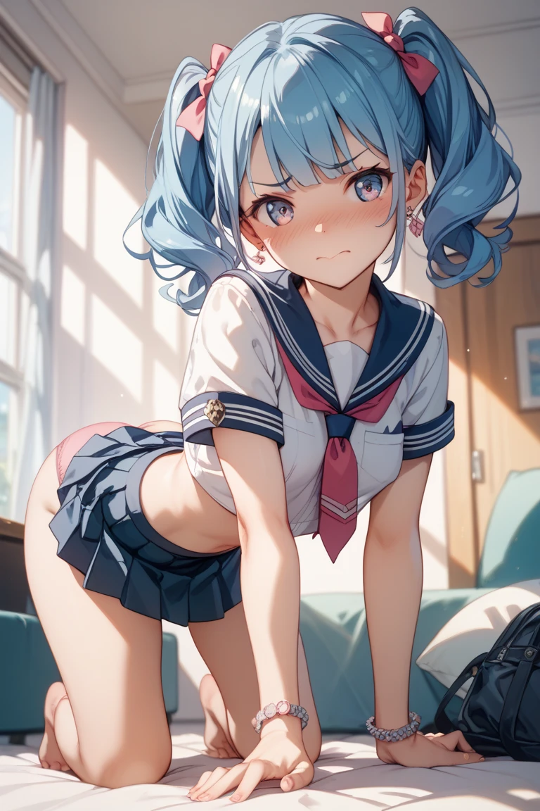 Beautiful illustration、top-quality、Cute s、Bedroom、A blue-haired、length hair、(((blue pleated skirt)))、(((blue sailor suit)))、shortsleeves、Colossal tits、a navel、Flipping up the skirt with your hands、Show white panties、Pull up your skirt and show your panties、bare-legged、red eyess、on the beds、lovely thighs、glowing thigh、floating hair、wind、skirt lift by myself、naughty face、acrobatic pose
