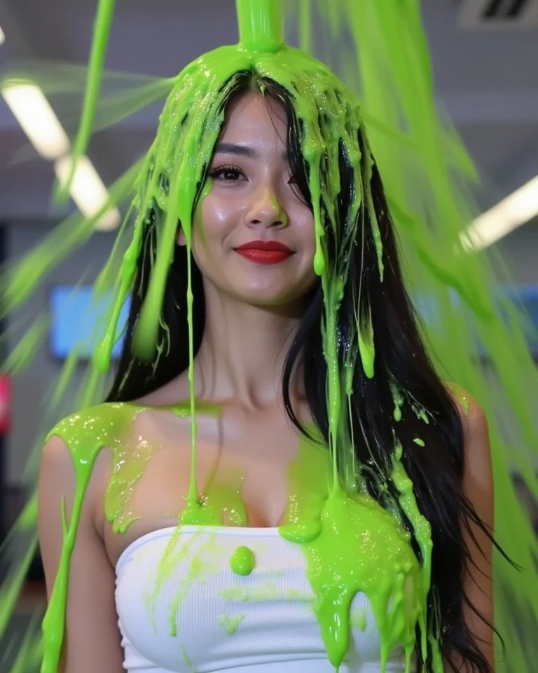 8k, hd, masterpiece, hyper realistic, super detailed, extreme realism, photo realistic, (Korean Model: 1.9), 1 woman, sports bra and panties, (inside game show set: 1.9), standing behind podium, cleavage, (wet slime dripping down head: 1.2), beautiful face, delicate eyes, double eyelids