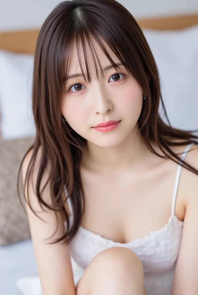masterpiece、highest quality、16K、ultra high resolution、UHD,Depth of the bounds written、very detailed、soft light、professional lighting、Pale shading、Weak contrast、Japanese、beautiful girl、slender woman、Smooth, silky skin、clear white skin、daytime office、Window seat、sitting in front of the computer、A tight pink suit that clings to the breasts、(smooth and beautiful thighs:1.6)、(small breast:1.0)、flat chest、Childlike breasts、small areola、small nipples、beautiful nipples、Cherry-colored nipples、white breast、fine and beautiful eyes、(hanging eyes)、(thin eyebrows:1.0)、(thin lips:1.0)、natural makeup、natural color lip、gentle smile、(floating hair、long wavy hair、high ponytail),(The bangs are see-through bangs)、