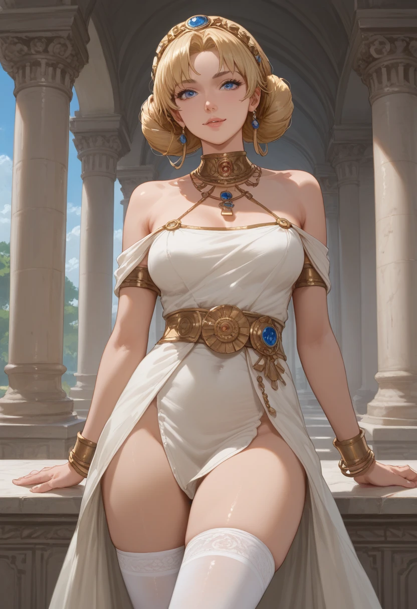 a mature female, ethereal, goddess, large breasts, vivid color, white greek peplos, golden hair, bare shouders, perfect female figure, arms up, armpits, thighs, light smile, expressionless,trending on Art Station, masterpiece, 8k resolution, fantasy art,