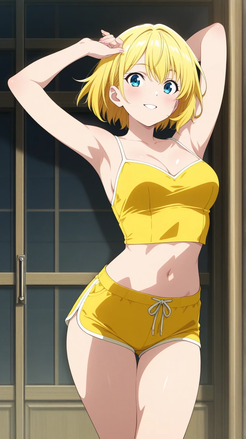 A man wearing a yellow leotard is doing a yoga pose, short blonde boy, Golden eyed boy, Anime Pose, solo, ballet style pose, Wearing leotards, clothing:leotard, Cool anime boy wearing yellow leotard, Ballet pose, Ballet shoes, he is dancing. High leg, Realism, (The shoulders of the leotard are camisole, The leotard has a high-leg waist), Male focus, Strong body, looking at viewer, Cowboy Shot,
