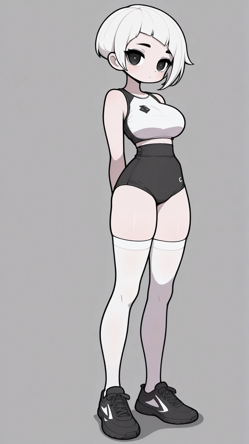(((whole body))), (Masterpiece), ((Best Quality)), (very short girl), flat chest, two short tails, (Wide hips:1.4), (thick thighs:1.4), (very short skirt), platform heels, topless , high cut leotard,