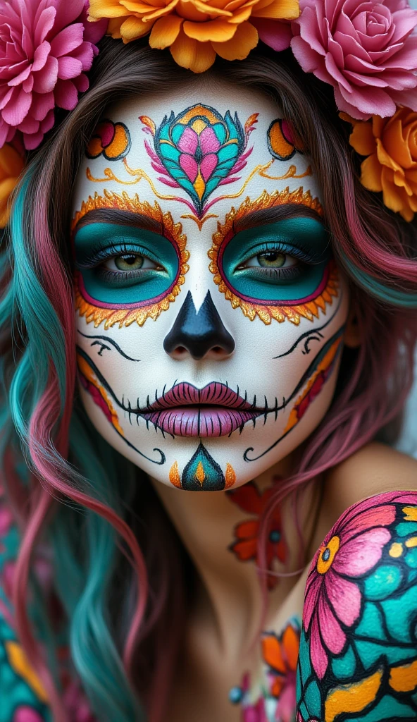 the face of a woman dressed as a skeleton and woman with colourful hair, in the style of joyful chaos, tattoo, urban decay, dark crimson and light azure, carnivalesque, 8k, made of all of the above, detailed, realistic, 8k uhd, high quality