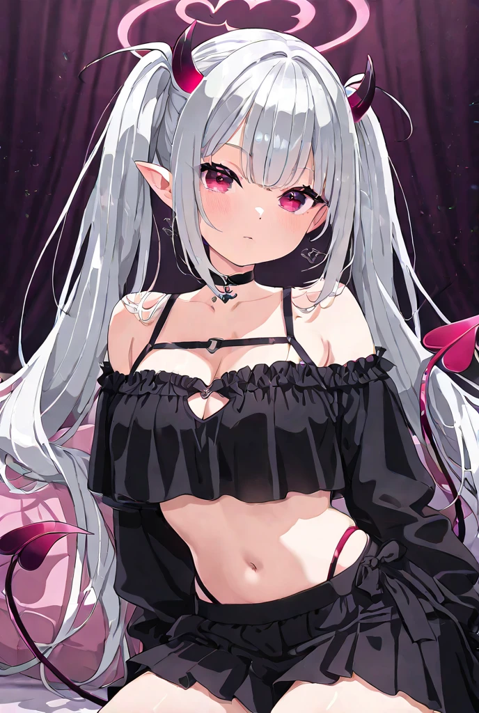 A single, beautiful yet creepy ghost woman sits on the edge of a bed, looking at the viewer. Her skin is pale. Her hair is the colour black. Her hair is long and straight, but its wet so it clings to her body. Her hair covers one of her her blood red eyes. her mouth is open, showing her fangs. She wears a white night gown. Her gown is wet, clinging to her body.