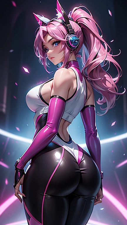 creates an ultra realistic 3D image of a beautiful blue-eyed cyberpunk girl with all her ornaments with long hair with cool braids in hot pink dressed in a shiny black latex lycra fitted to her body cool and creative fitness , full body in cool dynamic poses, cool graffiti wall environment in intense microparticulate pink neon in the pink color of the whole image, the image must be perfectly detailed apply HDMI technologies, 1200 dpi and full definition