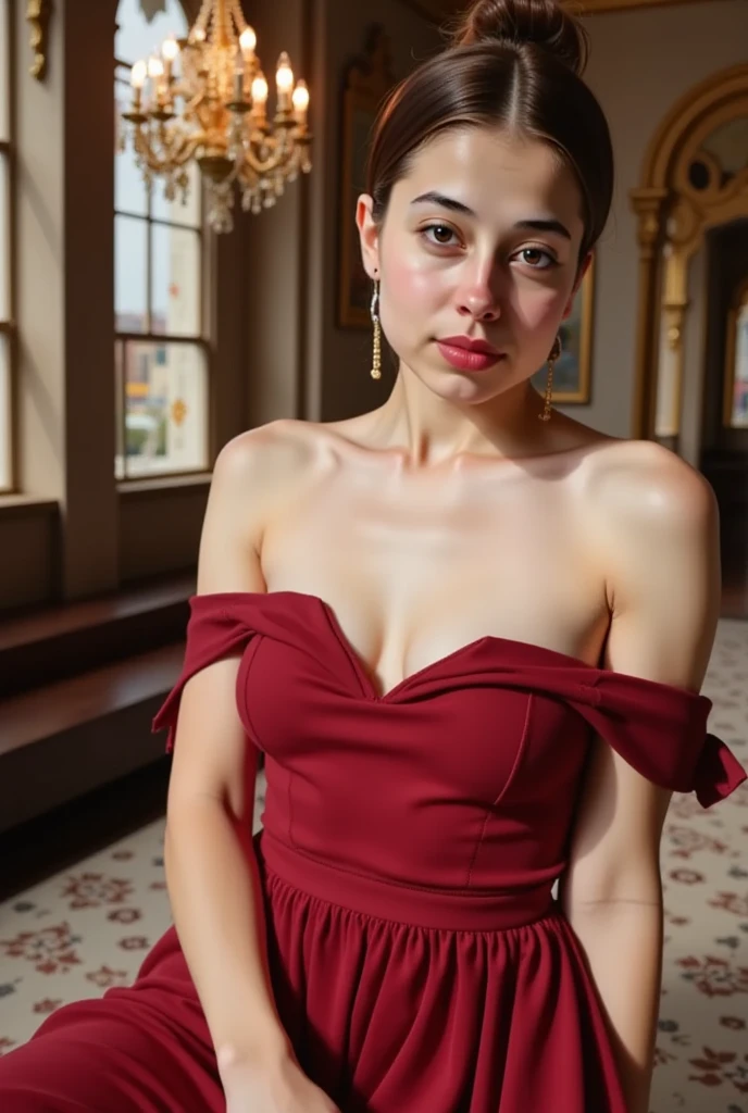 A beautiful girl chooses a velvet midi dress with delicate lace detailing, accessorized . Ambient: The concert hall is adorned with festive decorations, and the symphony performs holiday classics. Soft lighting create a magical winter atmosphere. She has a brown silky hair, big brown eyes, beautiful face, bright facial skin, beautiful hand, impressionless, very beautiful Instagram model, realistic image. Dynamic composition, motion, ultra - detailed, incredibly detailed, a lot of details, amazing fine details and brush strokes, smooth