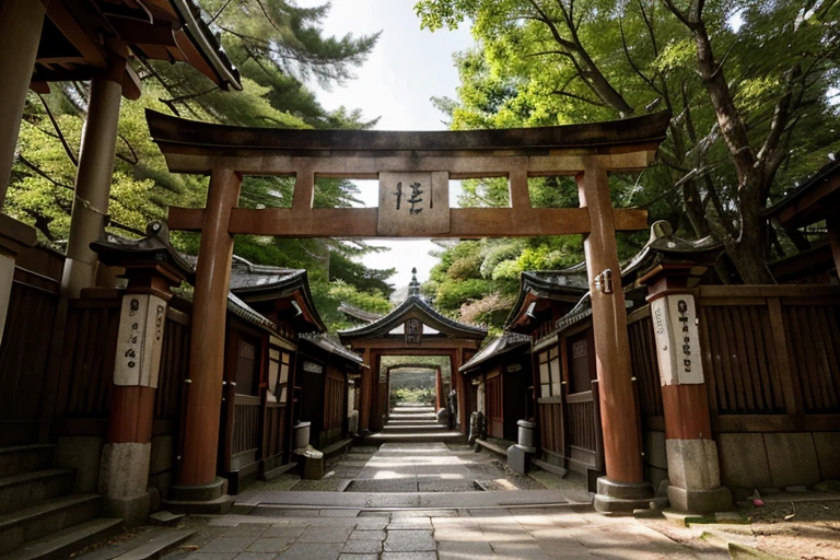 a serene scene in Japan, with vibrant red temple arches gracefully lining a pathway. The arches stand tall and proud, their bold color contrasting against the lush greenery that surrounds them. Cherry blossom trees frame the view, their delicate pink petals gently falling, creating a picturesque ambiance. The air is filled with a sense of tranquility as you walk through this sacred space, feeling the reverence and history that permeates the atmosphere. It's a sight that captures the essence of Japan's rich culture and traditions.