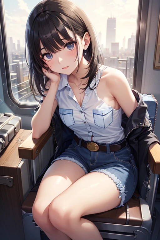 Girl with headphones enjoying music in a cafe　I am studying　Emphasize a little bit of the chest
