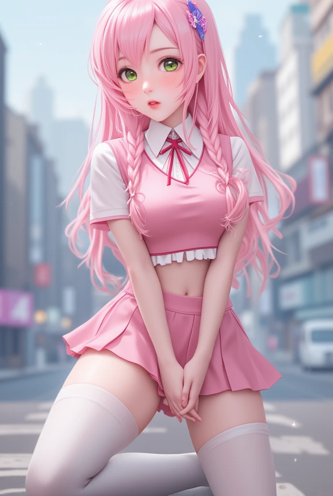 Anime girl sitting on the ground with a knife in her hand, anime girl squat, beautiful anime girl squat, beautiful anime high school girl, seductive anime girl, index finger, anime girl, cute girl of anime visual, pink hair, blue eyes, anime full body illustration, (anime girl), anime girl, cute anime girl, anime best girl, young anime girl