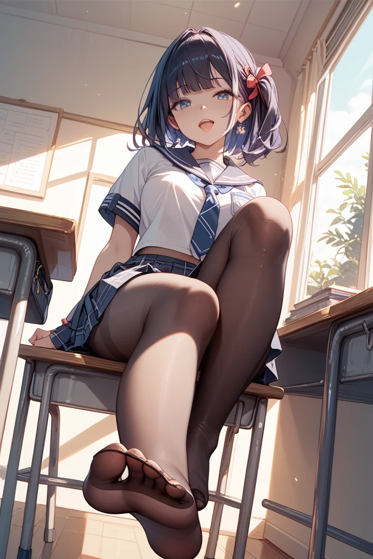 best qualtiy, tmasterpiece, 超高分辨率, realisticlying, 1 girl, Long light blue hair,Heterochromic pupils,Long legs, Student Clothing,Lori sits,Jumpy,Black stockings,Classroom,wide angles