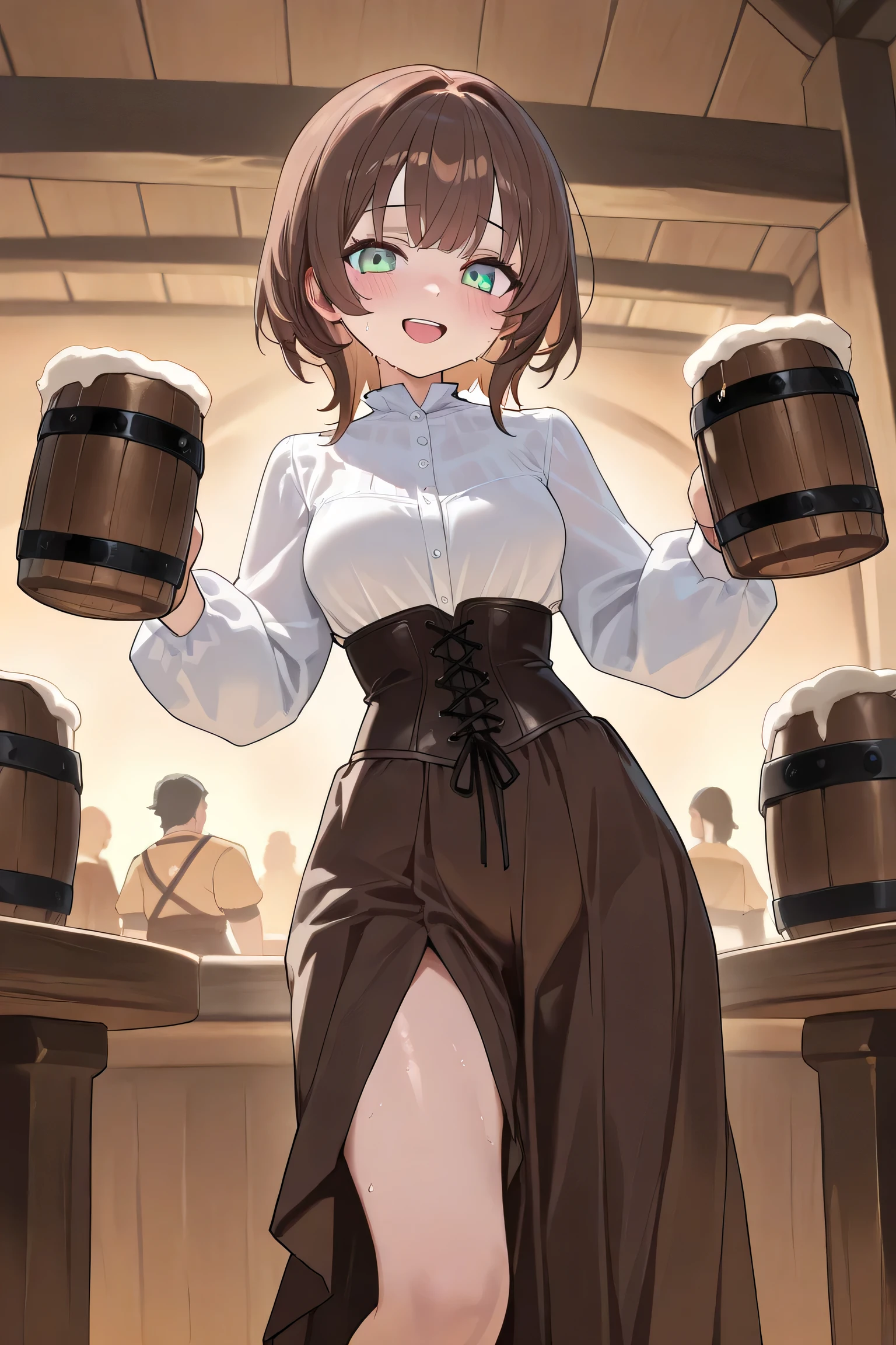 madoka higuchi yd, nsfw, hair ribbon, masterpiece, 1 girl, erect nipples, intricately detailed, topless, puffy nipples, pubs, table, crowd, navel, bare shoulders, necklace, beer, tavern, inn, pub, crowd, brown hair, short hair, wavy hair, swept bangs, extremely detailed, photorealistic, octane render, 8 k, unreal engine, bare breasts, nipples, purple eyes, carrying beer tray, bare stomach, sweaty, people on background, oktoberfest, moist breath, arm strap, embarrassed smile, small breasts, blush, bare shoulders, bare arms, bare elbows, white waist apron, maid, green skirt, innocent looking, curvy body, , legs, body, short hair, hair tie, hair bandana, puffy nipples, mole under the eye, nipple chain, collarbones, hairclip, relaxed, rabbit headband, handcuffs, crowd, sweaty, semen in body, body writings, body graffiti, body paint