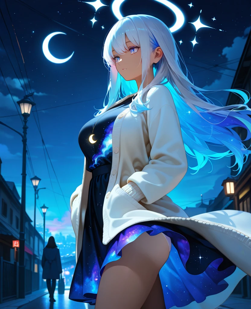 A sexy girl half-elf wizard, Dark robe, yellow eyes, bright-blue hair colour, Full moon in background,8k, masterpiece, best quality, highly detailed, one girl, half-elf, solo, long straight hair, wearing necklace, gorgeous, friendly, smile,sexy, close ups view, wearing rings, looking at straight, alone, looking moon,