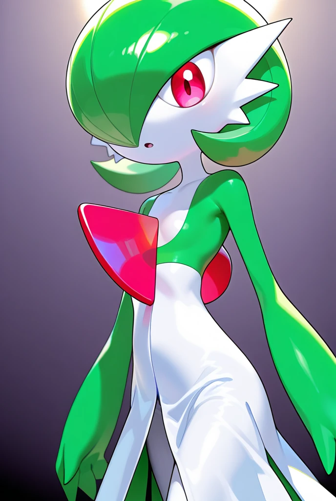 (Best quality, 8k, 32k, Masterpiece, UHD:1.2),, masterpiece, best_quality, 1girl, solo, gardevoir, creatures \(company\), game freak, nintendo, pokemon, pokemon \(game\), bangs, colored skin, female focus, gen okemon, green hair, green skin, hair over one eye, multicolored skin, pokemon \(creature\), red eyes, short hair, two-tone skin, white skin, (drunkoak:0.8)