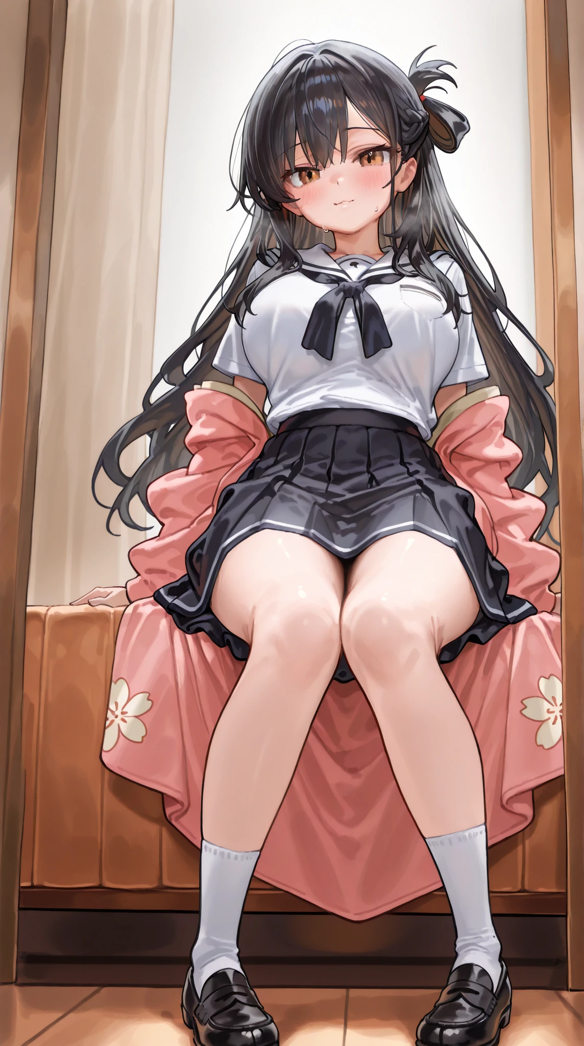 (Masterpiece:1.2, high quality), (pixiv:1.4), (1girl:1.2), (solo:1.2), (embarrassed), (Kamado nezuko), bamboo, bit gag, bangs, wavy hair, pink ribbon, crystal pink eyes, (detailed eyes), black eyeshadow, (blush:1.2), school uniform, brown skirt, (beautiful round breasts:1.2), collarbone, exposed cleavage, seductive look, dynamic pose, lifting skirt, (view from below), beautiful thighs, slim waist, waistline, lifted skirt, detailed pubic area, exposed pussy, labia, intrinsic details, ultra-detailed, blurry background, highly focused face, high resolution, (detailed face), vivid colors, aesthetic indoors, professional photography, artistic details, classroom backgrounds, window