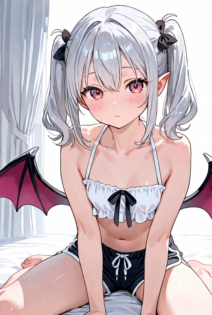 pretty girl、Young face、long silver Hair、long Twin tails、Pink eyeischievous face、Spoiled brat、Immature body、Small breasts、smile、Sweat、(Thick thighs:1.5)、very little demon horns and tail、red eyes、On all fours、Backwards、looking at viewer、sweat、pink tattoo on her abdomen、ハート型の眼、Open mouth、double teeth、fang、swim wear、Black Bikini
