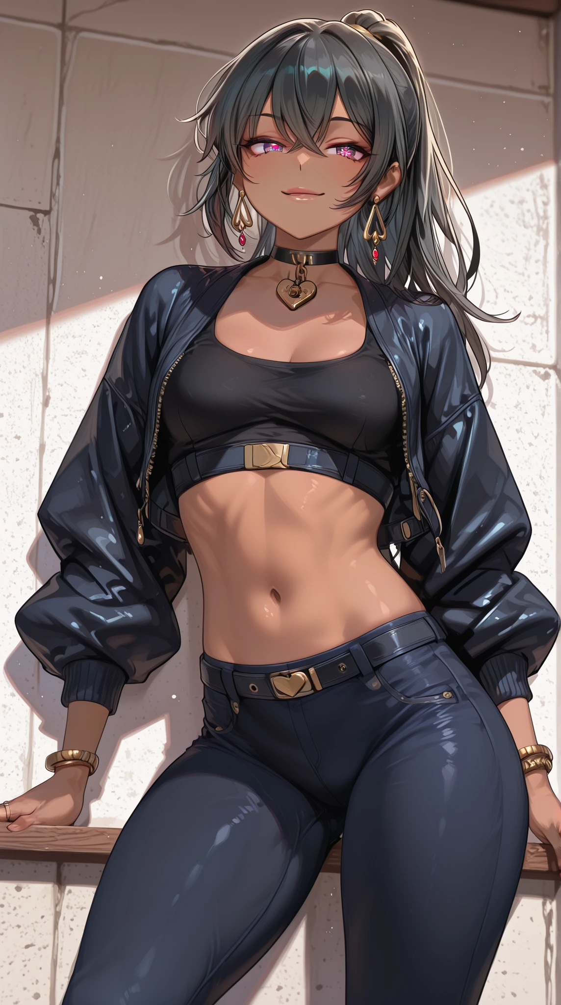 Best quality,tmasterpiece,8k wallpaper,sporty attire，frontal photos，Large breasts，looking at the camera in，Off-the-shoulder attire，Ridiculous resources, A high resolution, ultra - detailed, (1 young beautiful girl, Alone:1.1), black hair color hair,navel,sarong, Large breasts, 鎖骨, partial decompression, jaket, Printed sarong,hand on ass,a plant, Eau, Eternal, 废墟,optics_Rays,